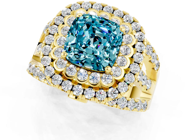 Yellow gold Double Halo Cushion Cut Diamond Split Shank Pave Set Ring