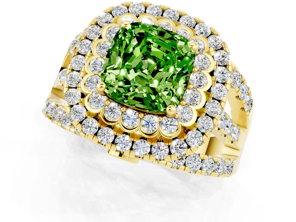 Yellow gold Double Halo Cushion Cut Diamond Split Shank Pave Set Ring
