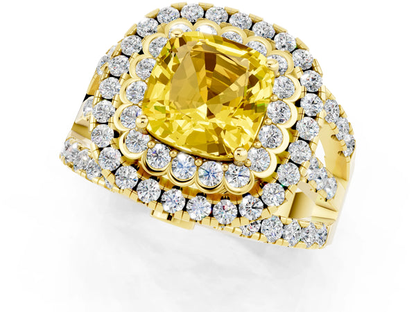 Yellow gold Cushion Cut Yellow Sapphire Double Halo Ring with Round Pavé Split Shank and Prong Setting