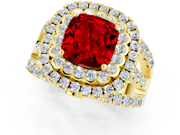 Yellow gold Double Halo Cushion Cut Diamond Split Shank Pave Set Ring