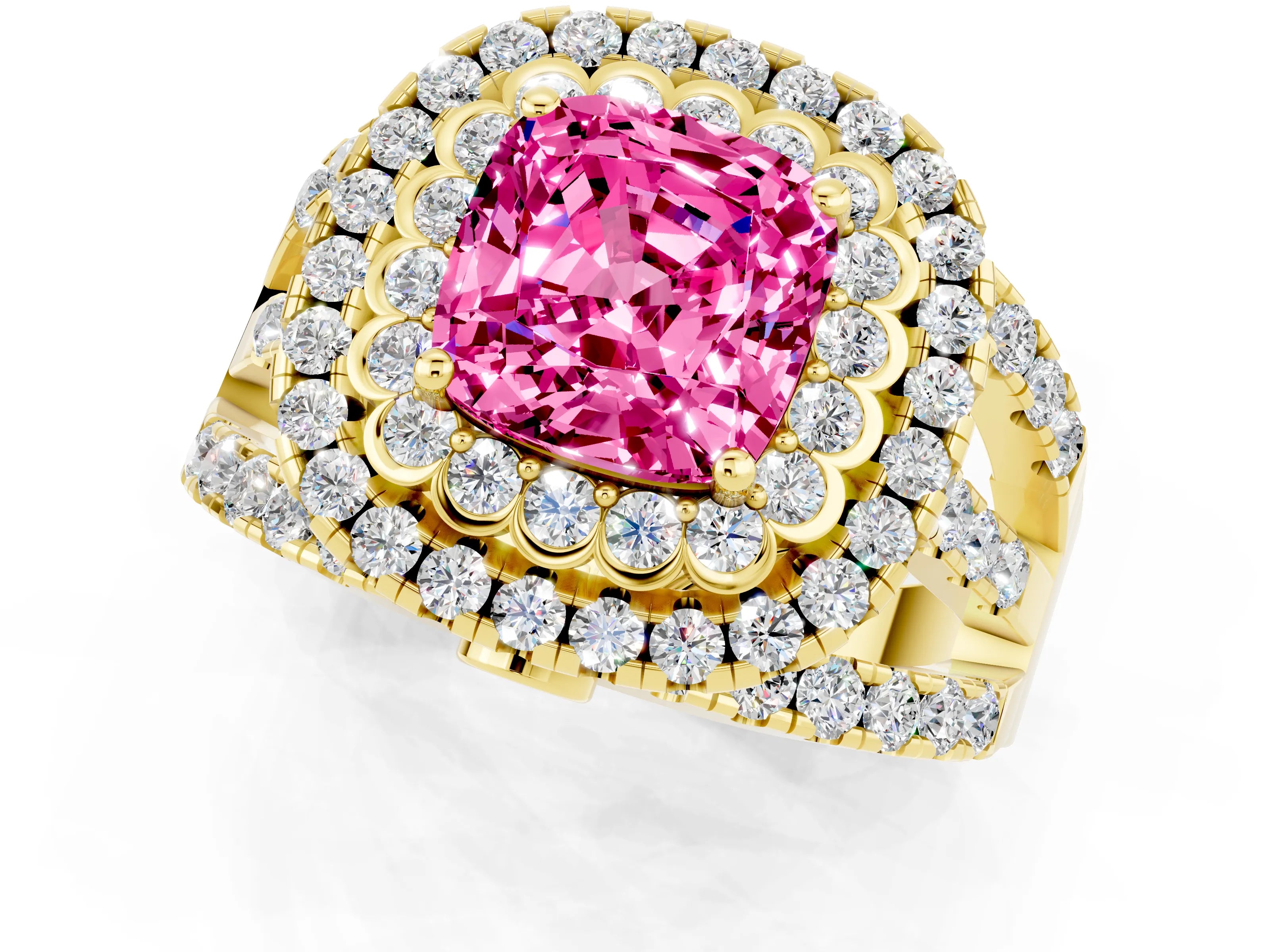 Yellow gold Double Halo Cushion Cut Diamond Split Shank Pave Set Ring_1