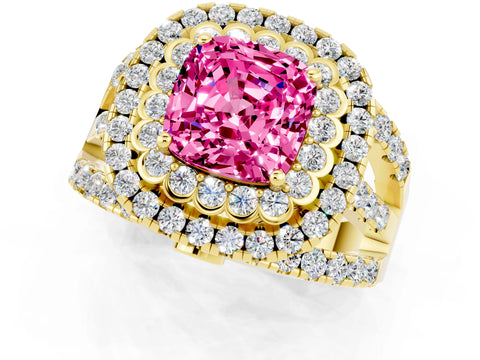 Yellow gold Double Halo Cushion Cut Diamond Split Shank Pave Set Ring_1
