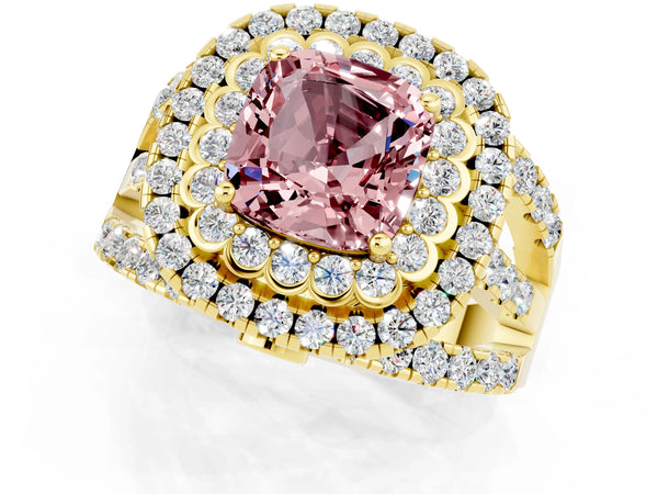 Yellow gold Double Halo Cushion Cut Diamond Split Shank Pave Set Ring