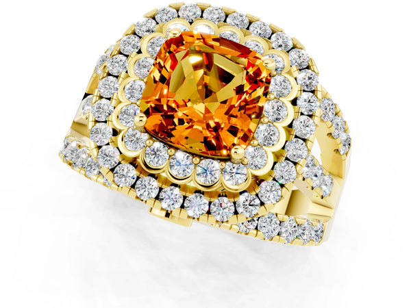 Yellow gold Cushion Cut Citrine Double Halo Ring with Round Pavé Split Shank and Prong Setting