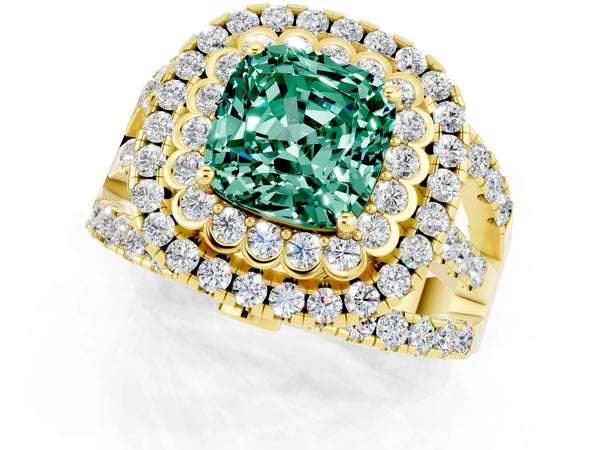 Yellow gold Cushion Cut Green Sapphire Double Halo Ring with Round Pavé Split Shank and Prong Setting