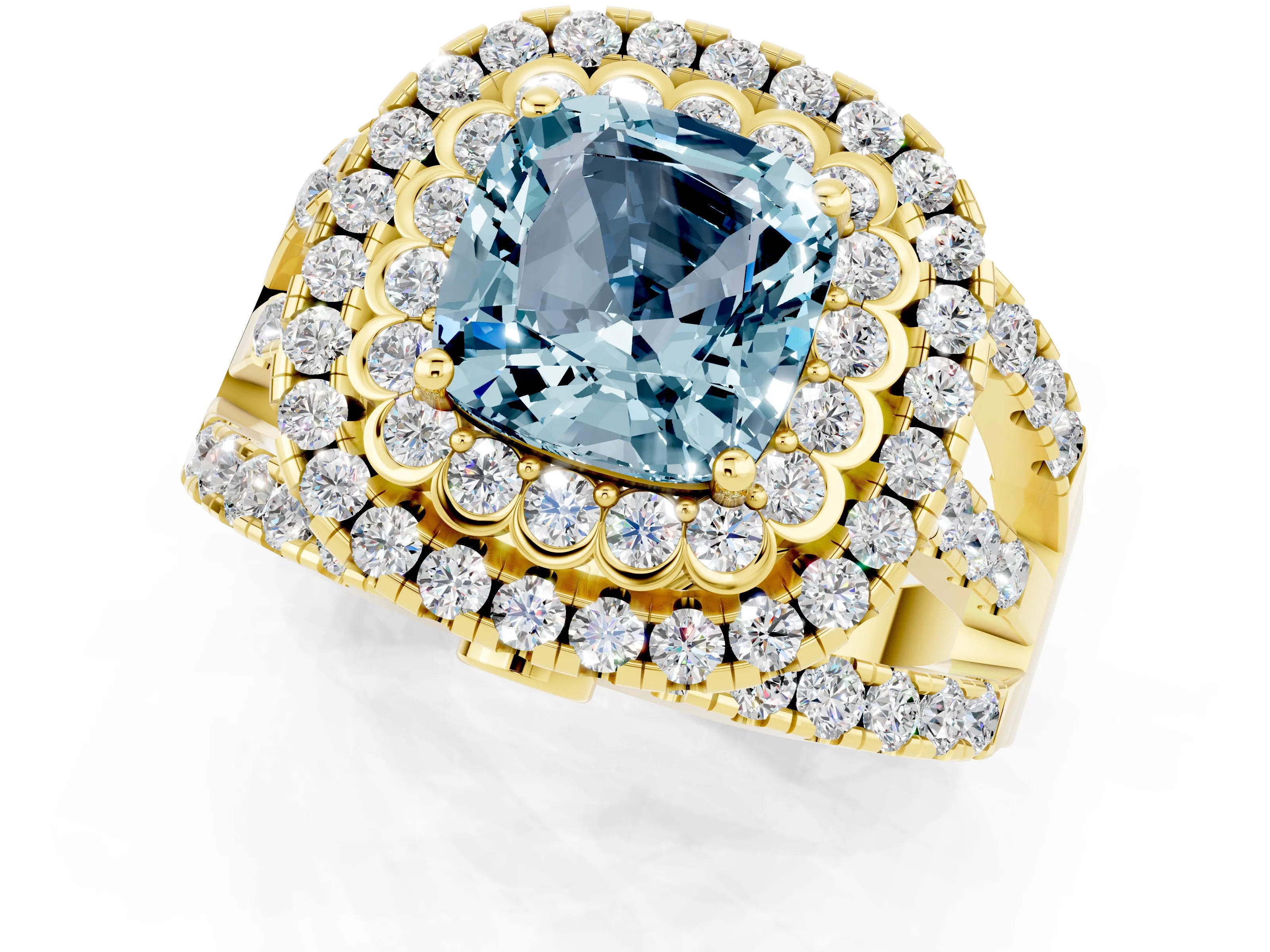 Yellow gold Double Halo Cushion Cut Diamond Split Shank Pave Set Ring_1