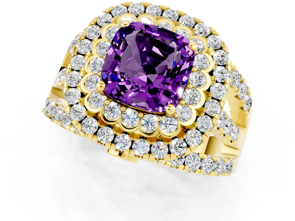 Yellow gold Cushion Cut Amethyst Double Halo Ring with Round Pavé Split Shank and Prong Setting