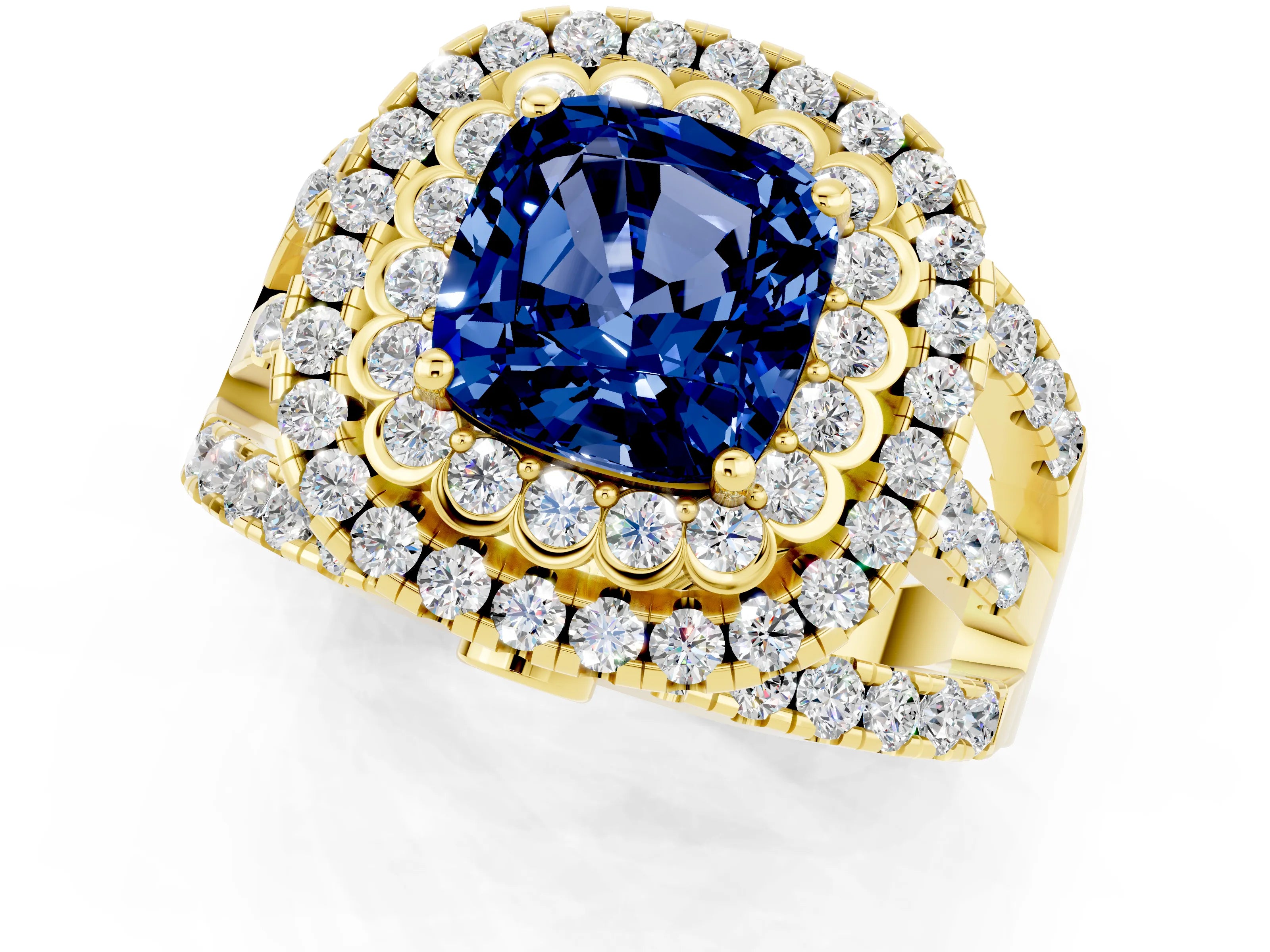 Yellow gold Double Halo Cushion Cut Diamond Split Shank Pave Set Ring_1