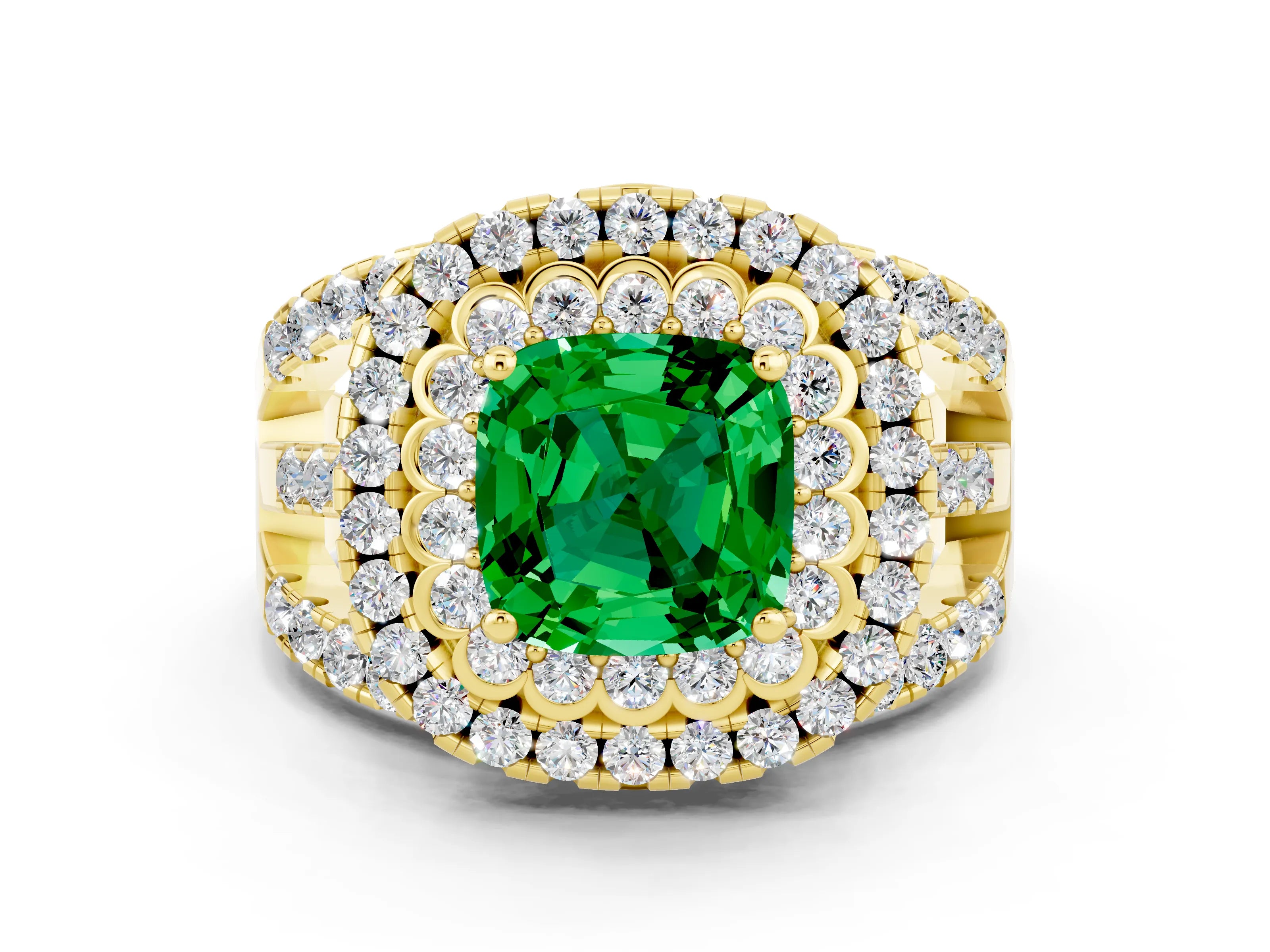 Yellow gold Double Halo Cushion Cut Diamond Split Shank Pave Set Ring