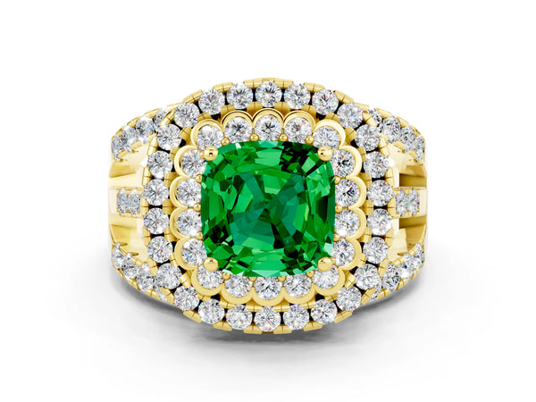 Yellow gold Cushion Cut Emerald Double Halo Ring with Round Pavé Split Shank and Prong Setting