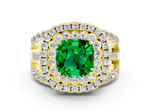Yellow gold Double Halo Cushion Cut Diamond Split Shank Pave Set Ring