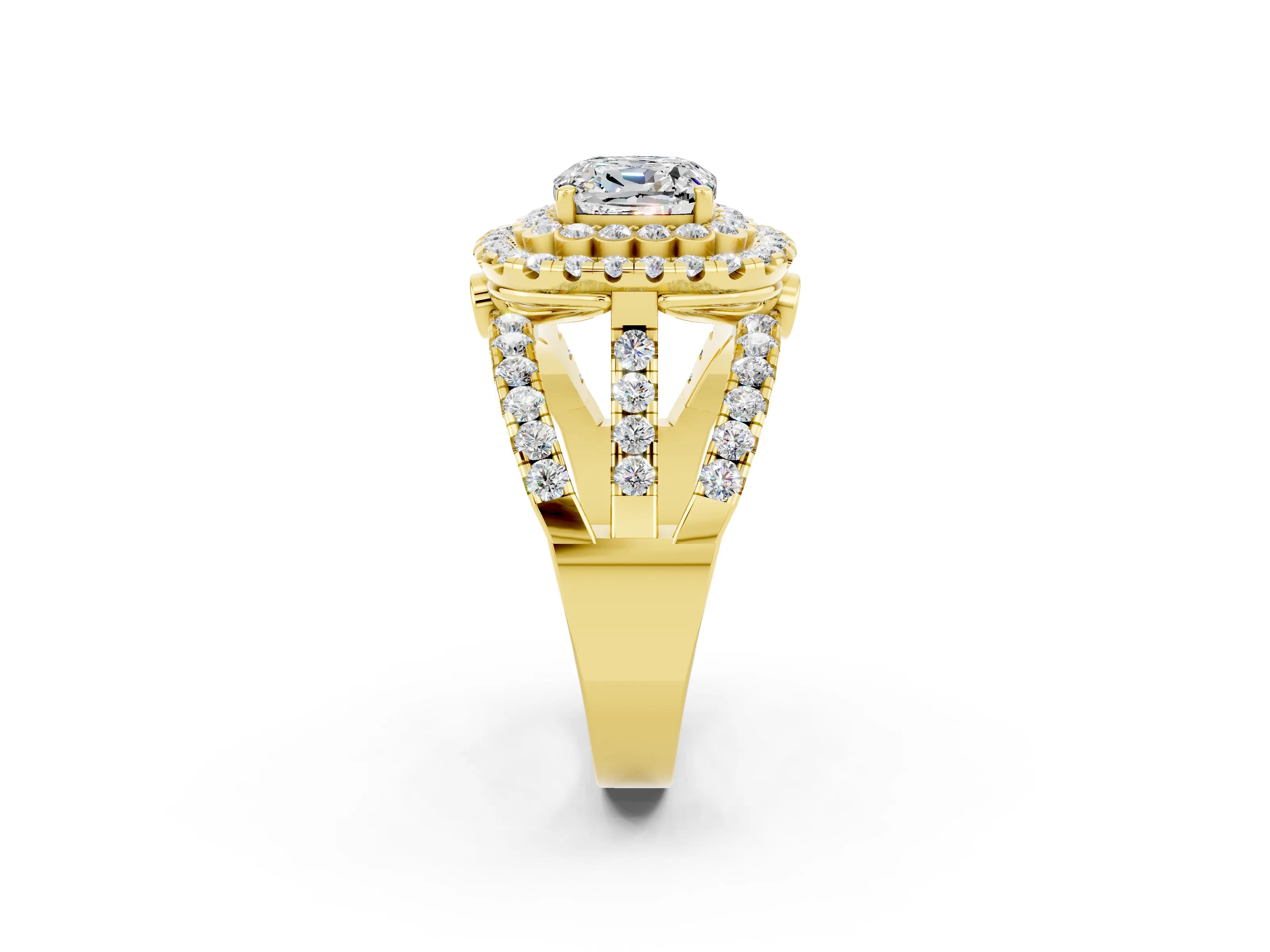 Yellow gold Double Halo Cushion Cut Diamond Split Shank Pave Set Ring_2