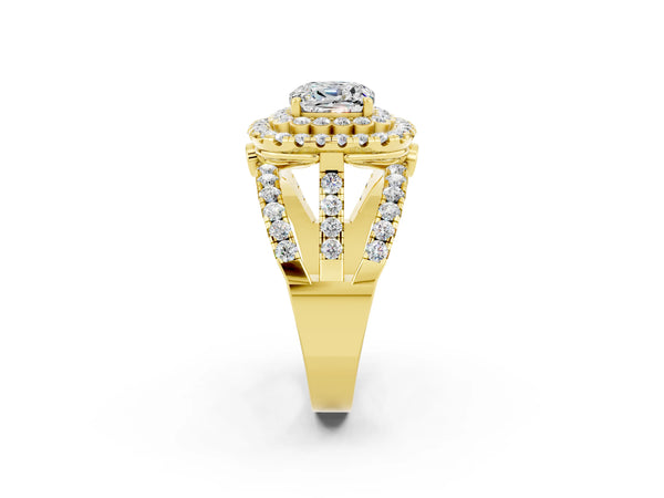 Yellow gold Cushion Cut Moissanite Double Halo Ring with Round Pavé Split Shank and Prong Setting
