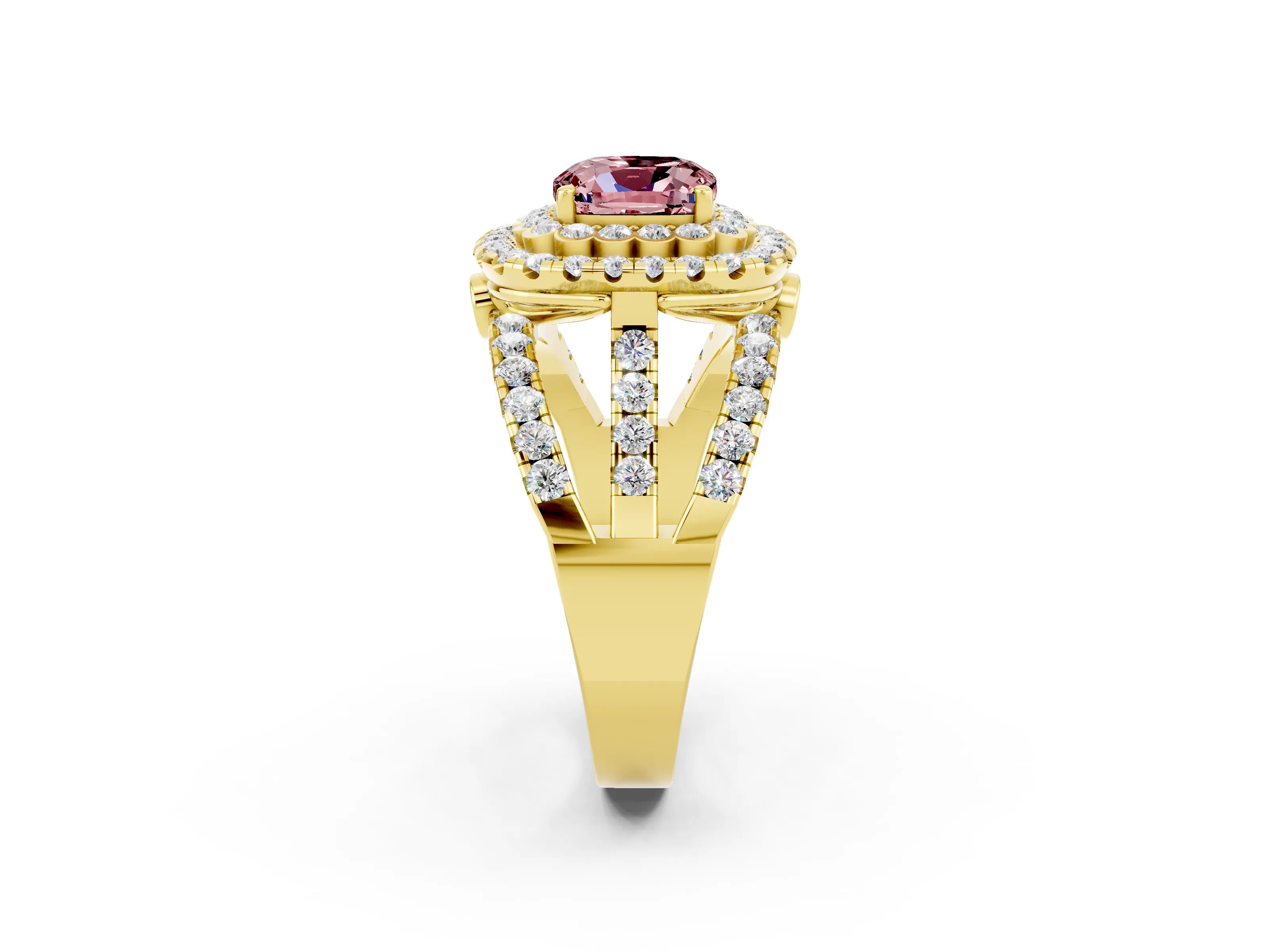 Yellow gold Double Halo Cushion Cut Diamond Split Shank Pave Set Ring_2