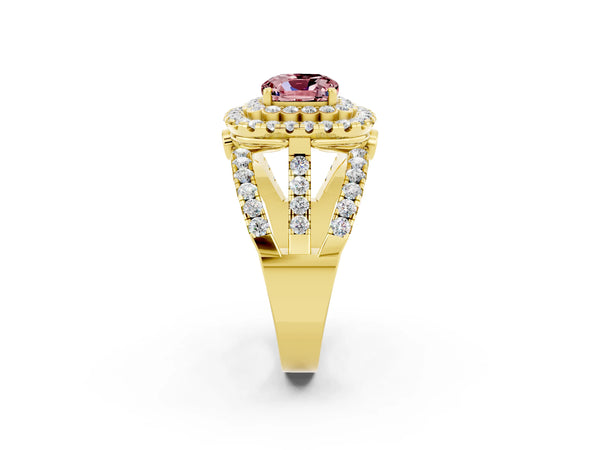 Yellow gold Double Halo Cushion Cut Diamond Split Shank Pave Set Ring