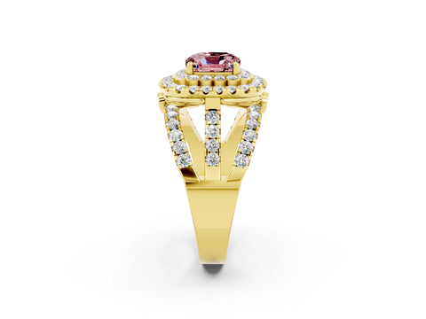 Yellow gold Double Halo Cushion Cut Diamond Split Shank Pave Set Ring_2