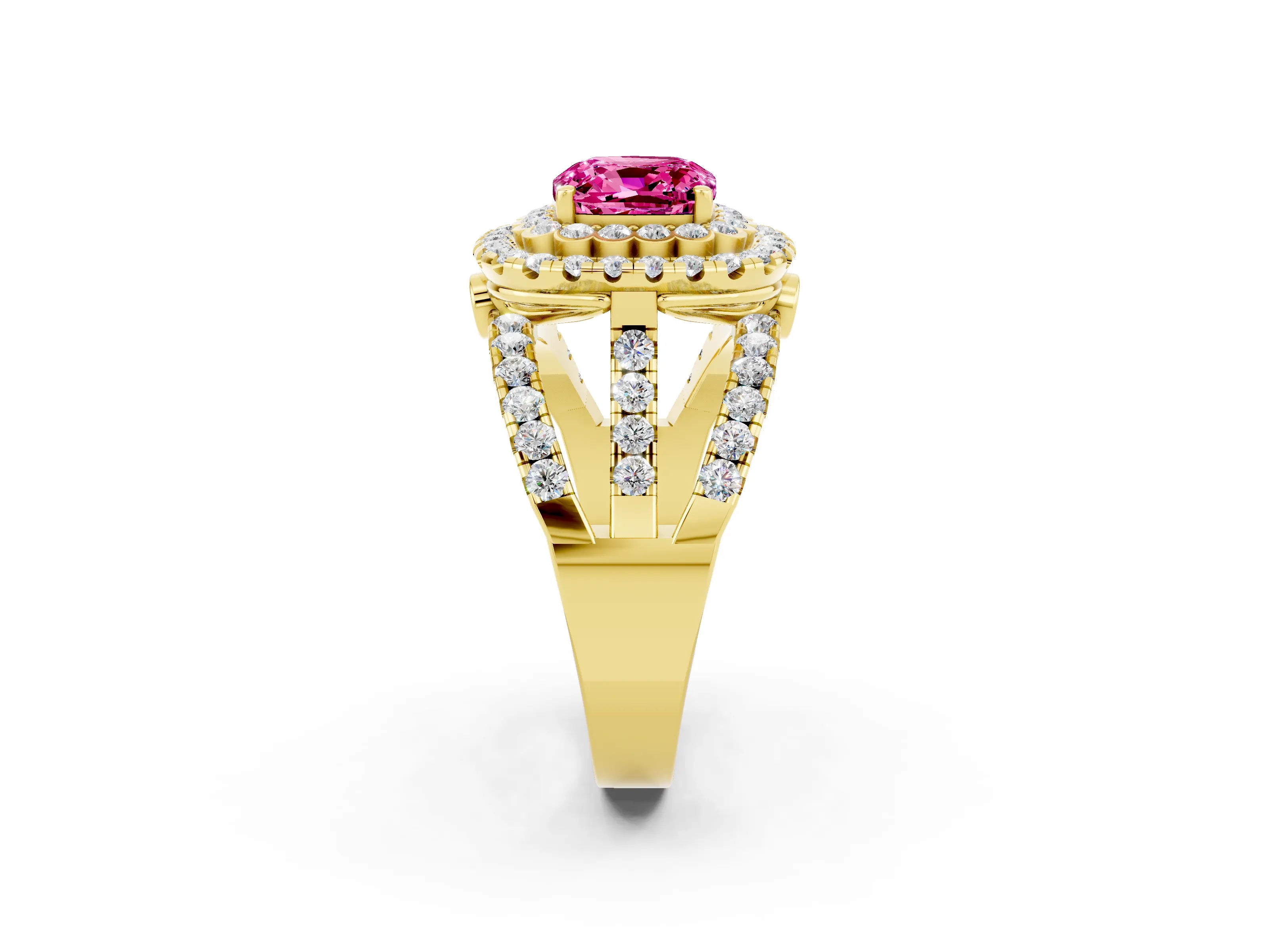 Yellow gold Double Halo Cushion Cut Diamond Split Shank Pave Set Ring_2