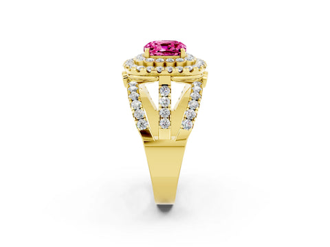 Yellow gold Double Halo Cushion Cut Diamond Split Shank Pave Set Ring_2