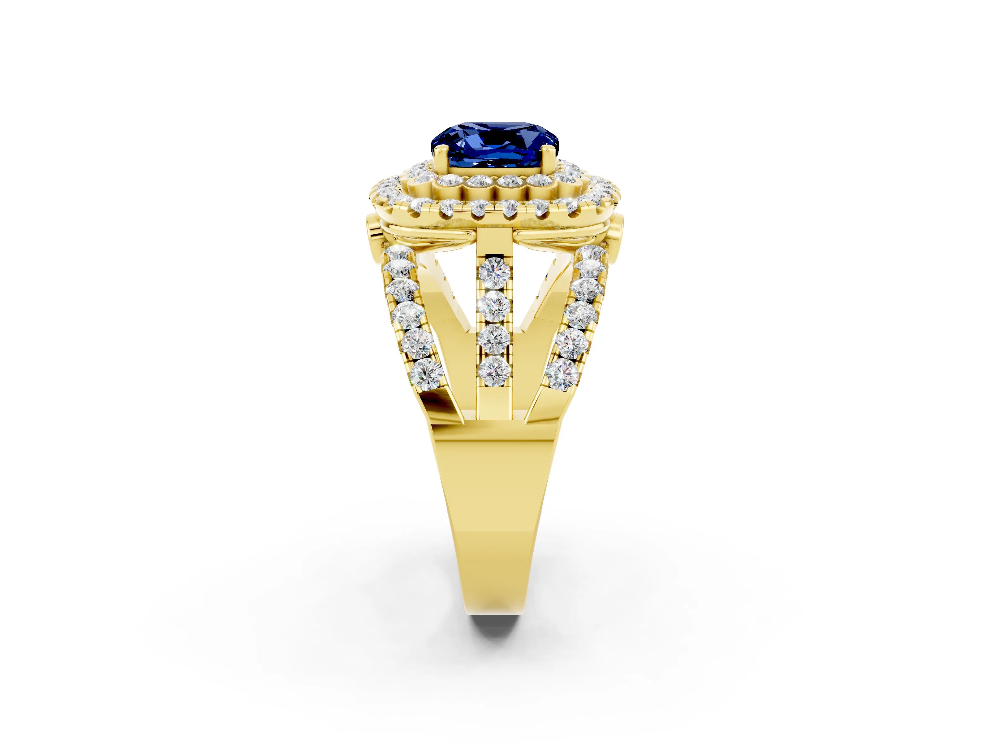 Yellow gold Double Halo Cushion Cut Diamond Split Shank Pave Set Ring_2