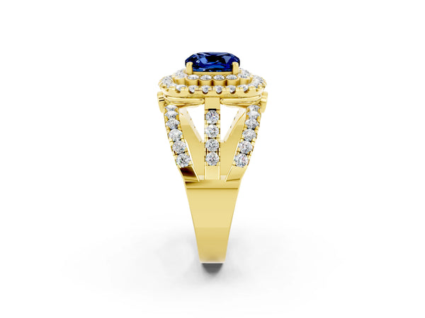 Yellow Gold Cushion Cut Lab-Grown Blue Sapphire Double Halo Engagement Ring with Split Shank
