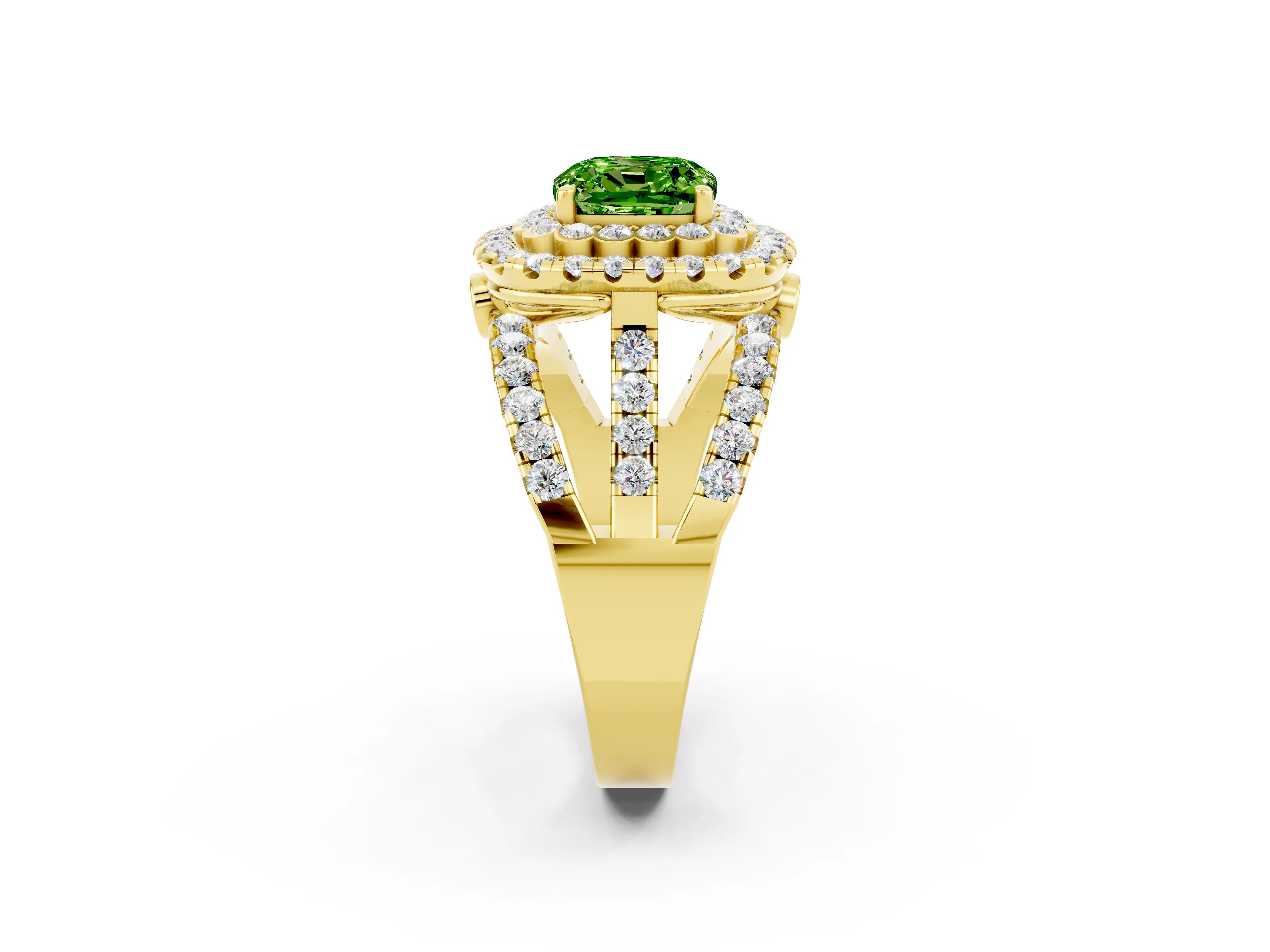 Yellow gold Double Halo Cushion Cut Diamond Split Shank Pave Set Ring_2