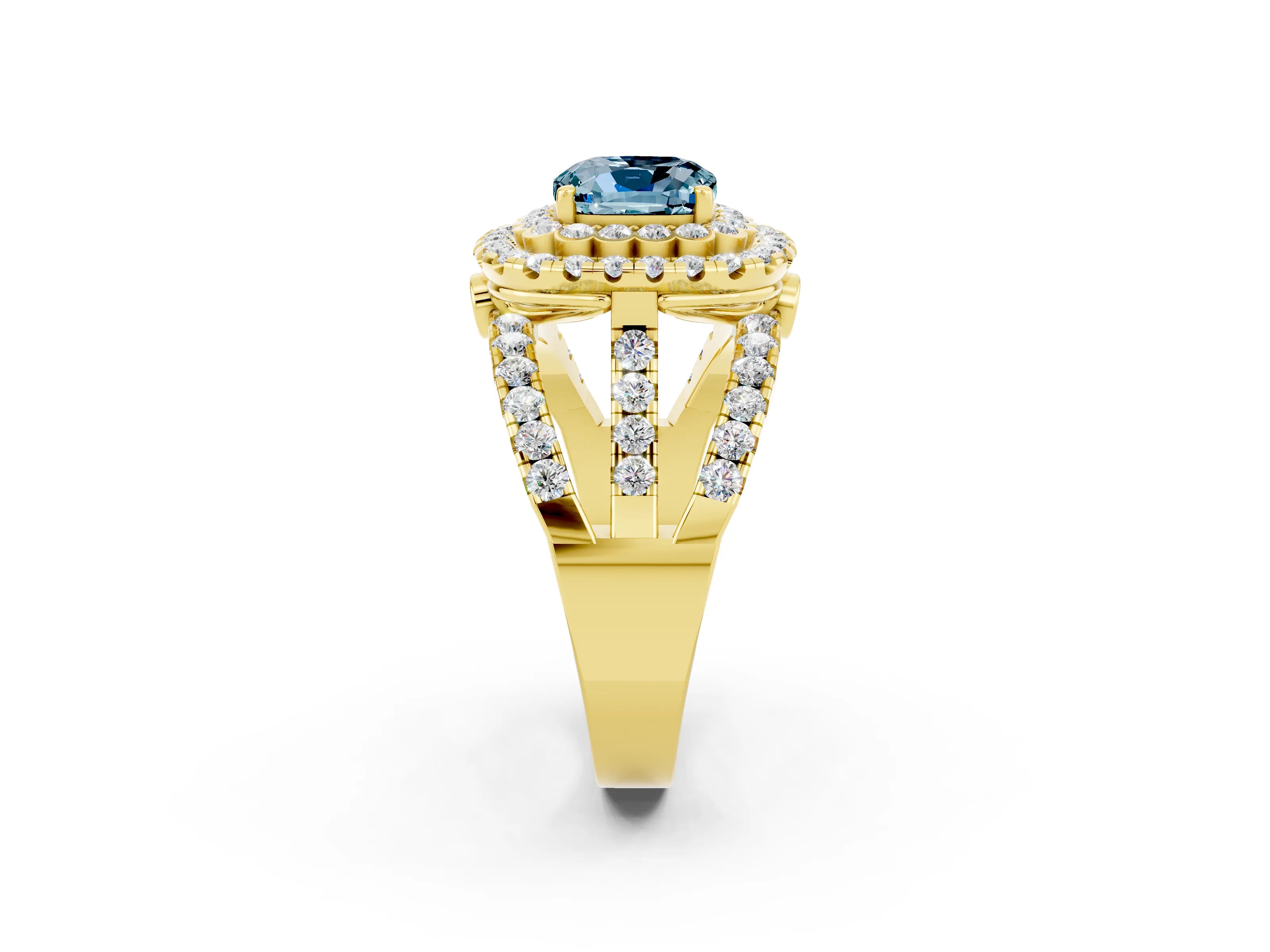 Yellow gold Double Halo Cushion Cut Diamond Split Shank Pave Set Ring_2