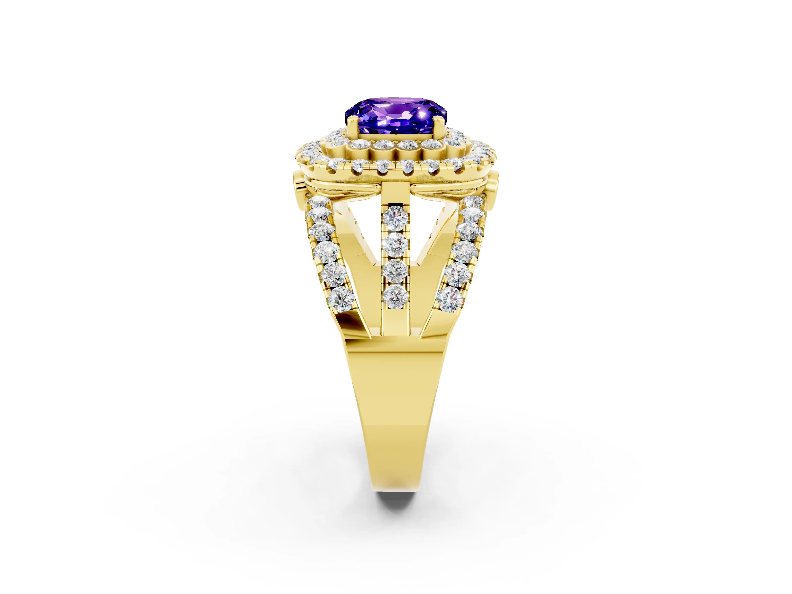 Yellow gold Double Halo Cushion Cut Diamond Split Shank Pave Set Ring_2
