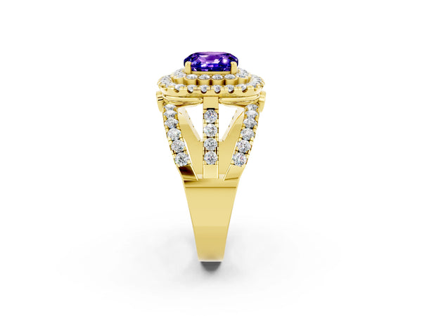 Yellow gold Cushion Cut Tanzanite Double Halo Ring with Round Pavé Split Shank and Prong Setting