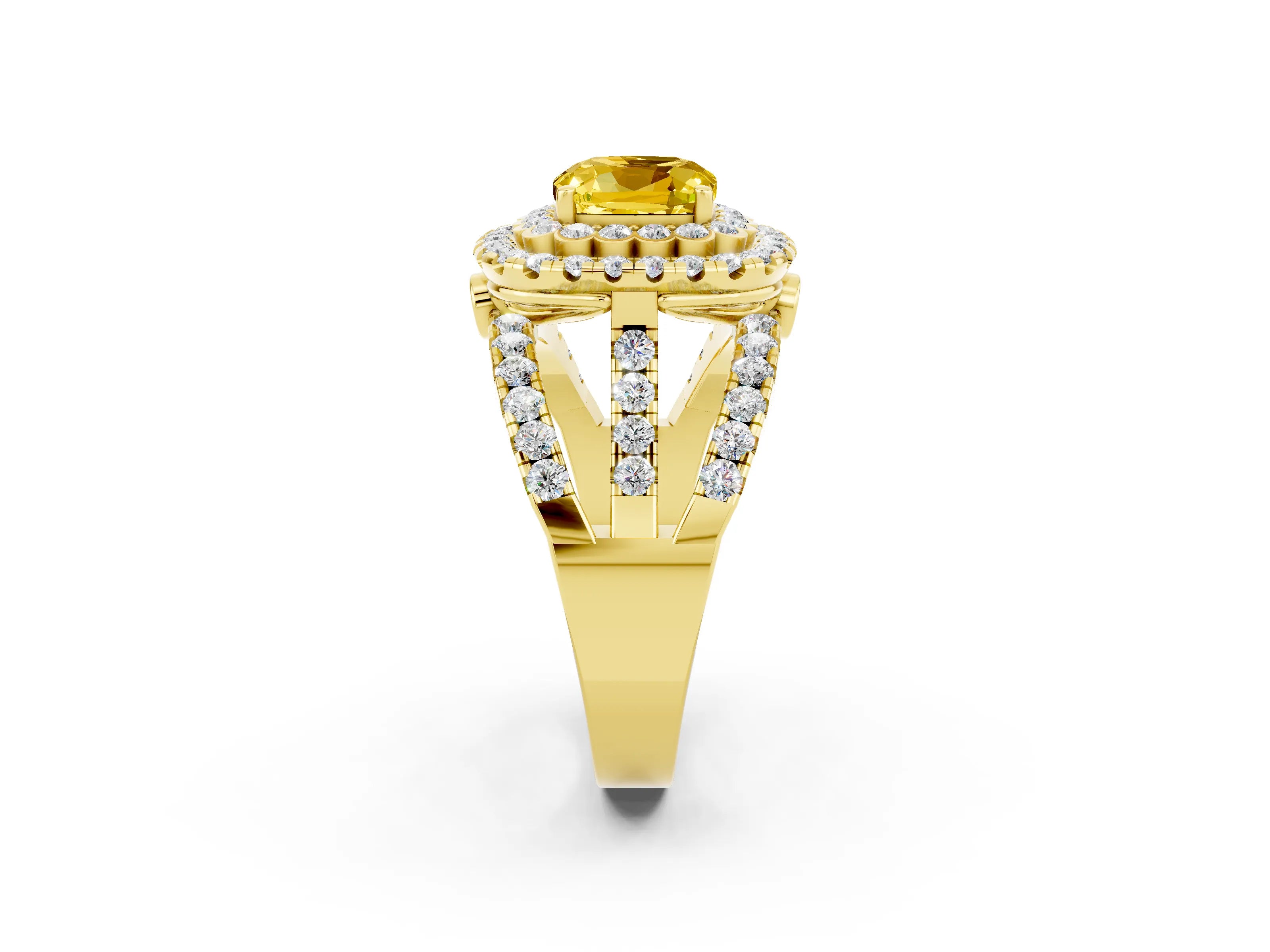 Yellow gold Double Halo Cushion Cut Diamond Split Shank Pave Set Ring_2