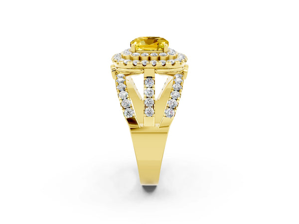 Yellow gold Cushion Cut Yellow Sapphire Double Halo Ring with Round Pavé Split Shank and Prong Setting