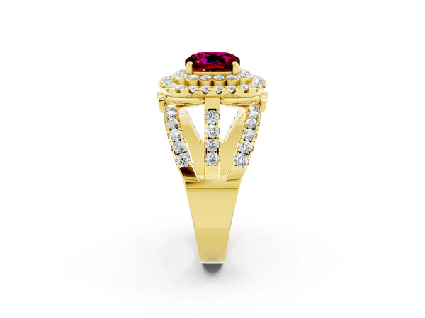 Yellow gold Cushion Cut Garnet Double Halo Ring with Round Pavé Split Shank and Prong Setting
