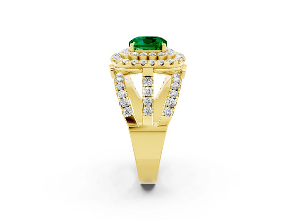 Yellow gold Cushion Cut Emerald Double Halo Ring with Round Pavé Split Shank and Prong Setting