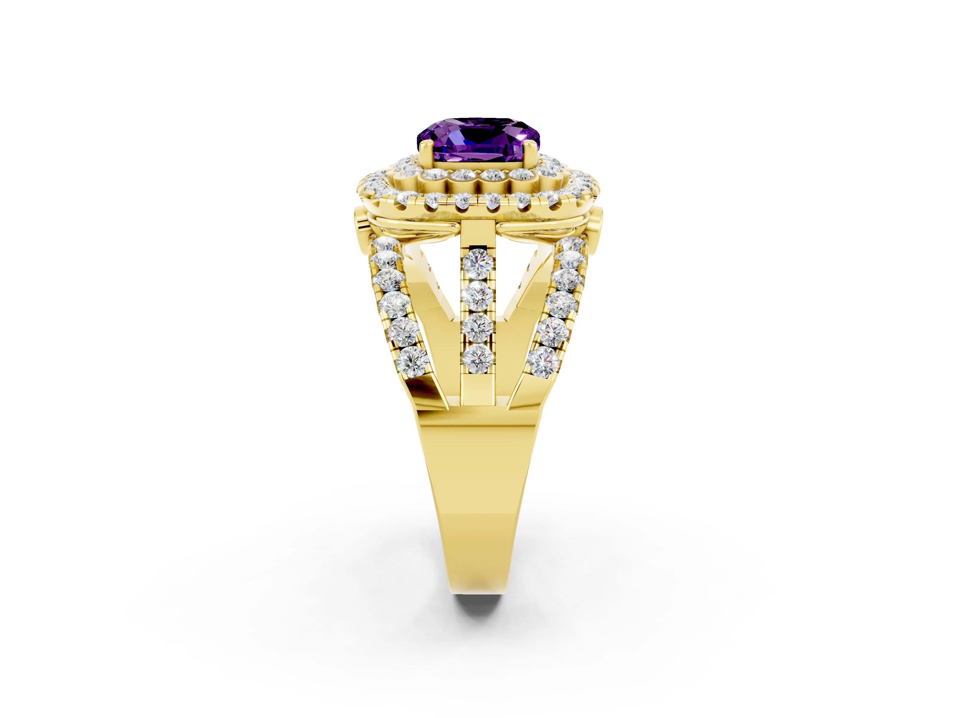 Yellow gold Double Halo Cushion Cut Diamond Split Shank Pave Set Ring_2
