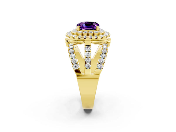 Yellow gold Cushion Cut Amethyst Double Halo Ring with Round Pavé Split Shank and Prong Setting