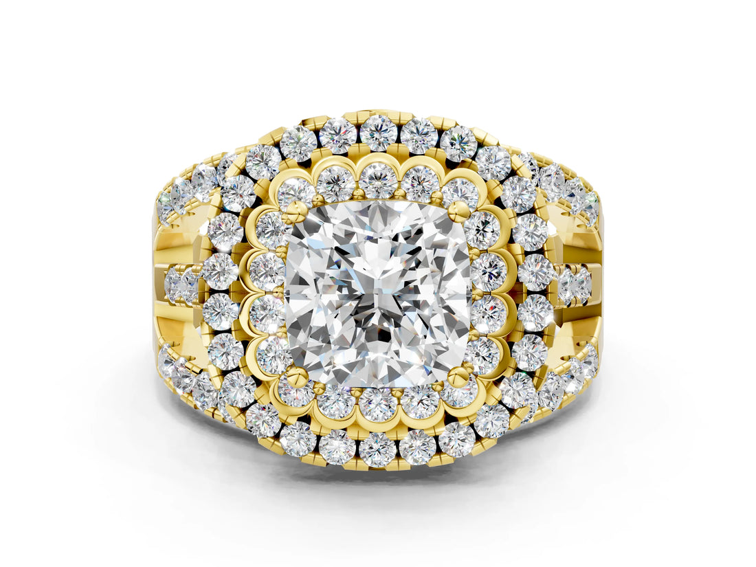 Yellow gold Double Halo Cushion Cut Diamond Split Shank Pave Set Ring_3