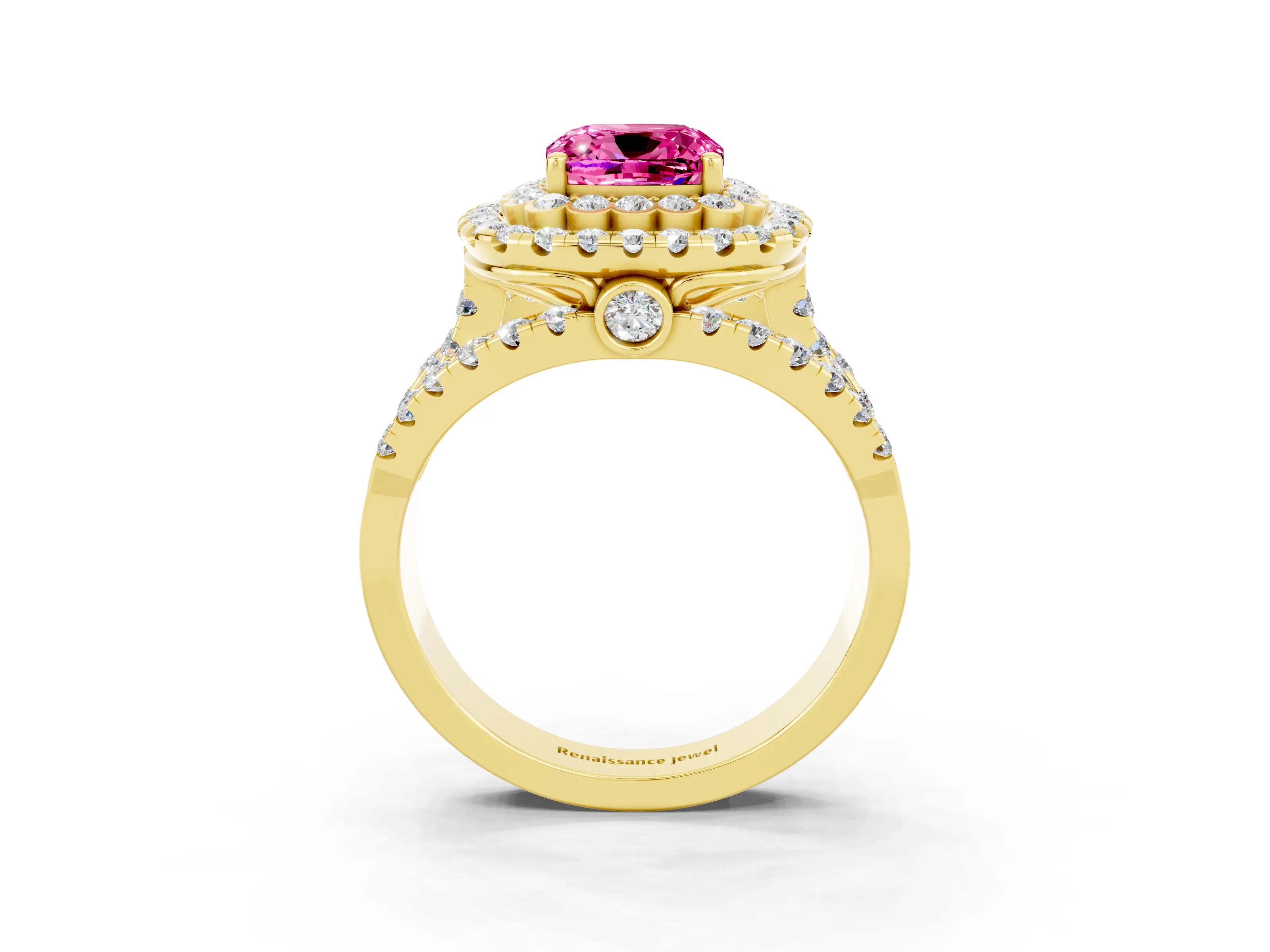 Yellow gold Double Halo Cushion Cut Diamond Split Shank Pave Set Ring_3