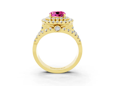 Yellow gold Double Halo Cushion Cut Diamond Split Shank Pave Set Ring_3