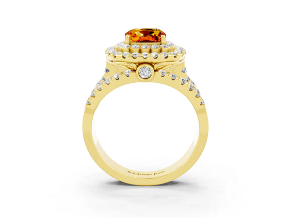 Yellow gold Cushion Cut Citrine Double Halo Ring with Round Pavé Split Shank and Prong Setting