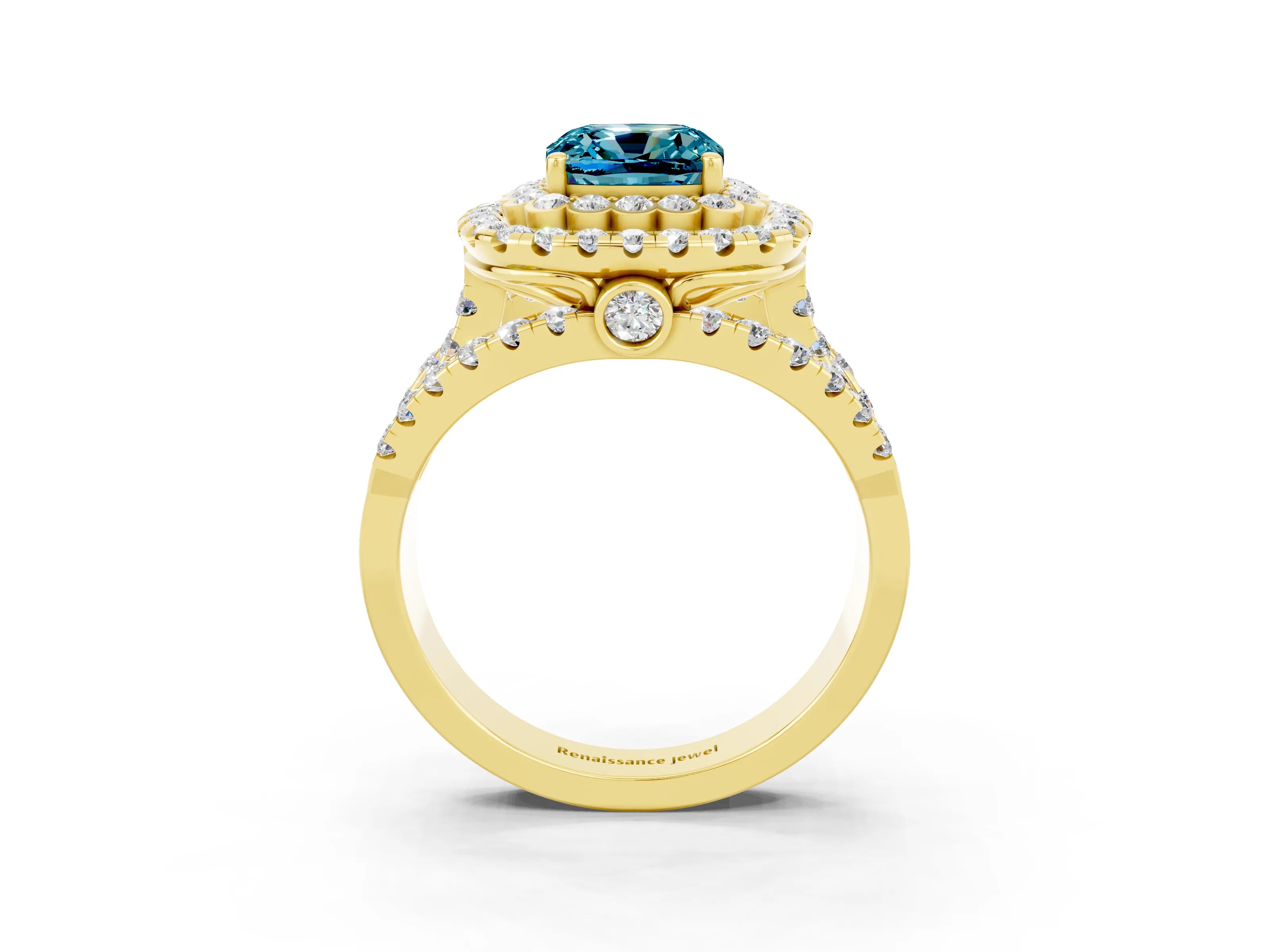 Yellow gold Double Halo Cushion Cut Diamond Split Shank Pave Set Ring_3