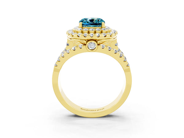 Yellow gold Double Halo Cushion Cut Diamond Split Shank Pave Set Ring