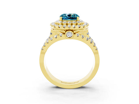 Yellow gold Double Halo Cushion Cut Diamond Split Shank Pave Set Ring_3