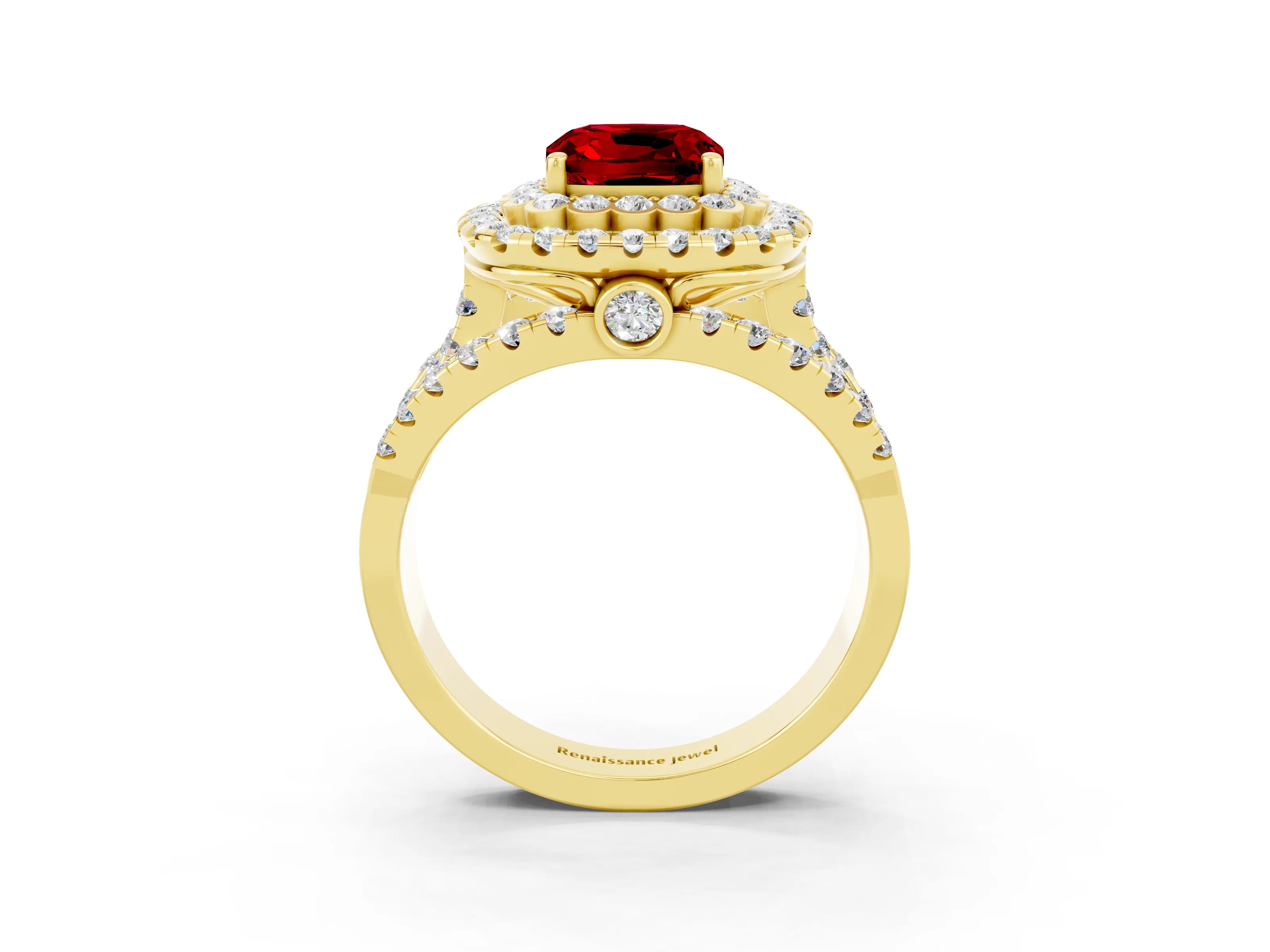 Yellow gold Double Halo Cushion Cut Diamond Split Shank Pave Set Ring_3