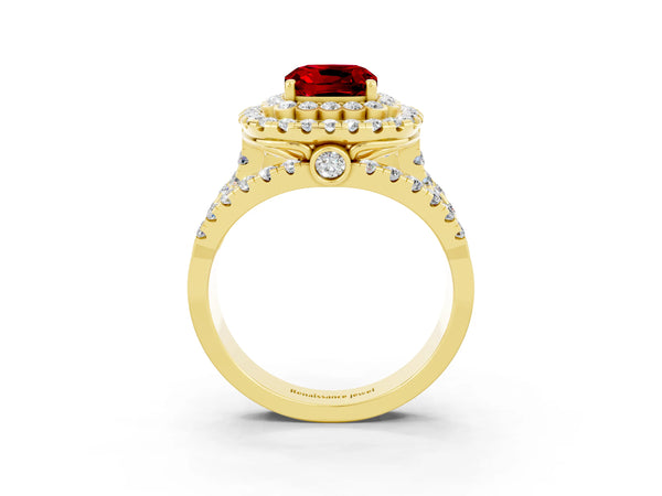 Yellow gold Double Halo Cushion Cut Diamond Split Shank Pave Set Ring