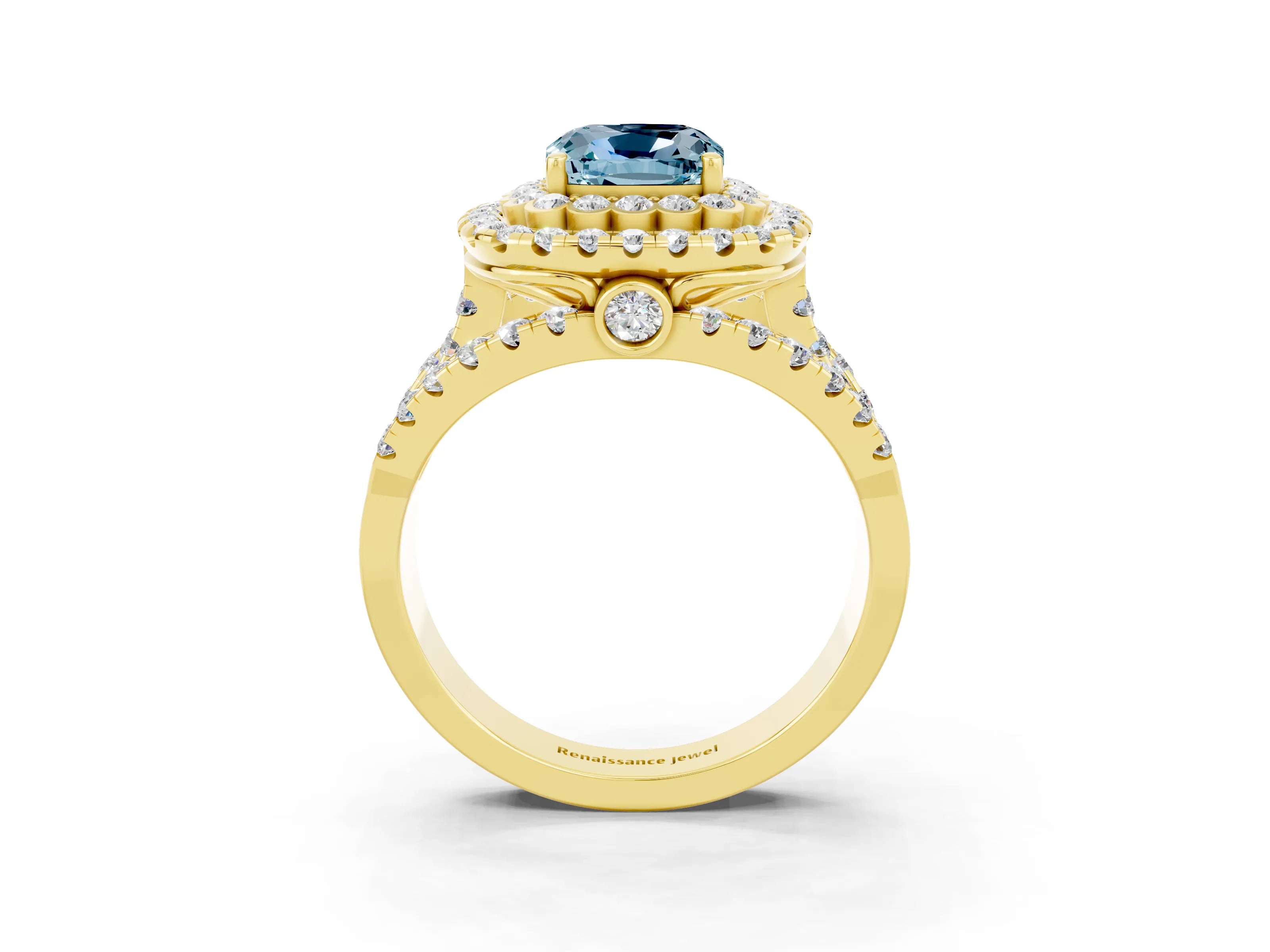 Yellow gold Double Halo Cushion Cut Diamond Split Shank Pave Set Ring_3