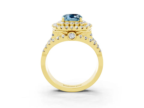 Yellow gold Double Halo Cushion Cut Diamond Split Shank Pave Set Ring_3