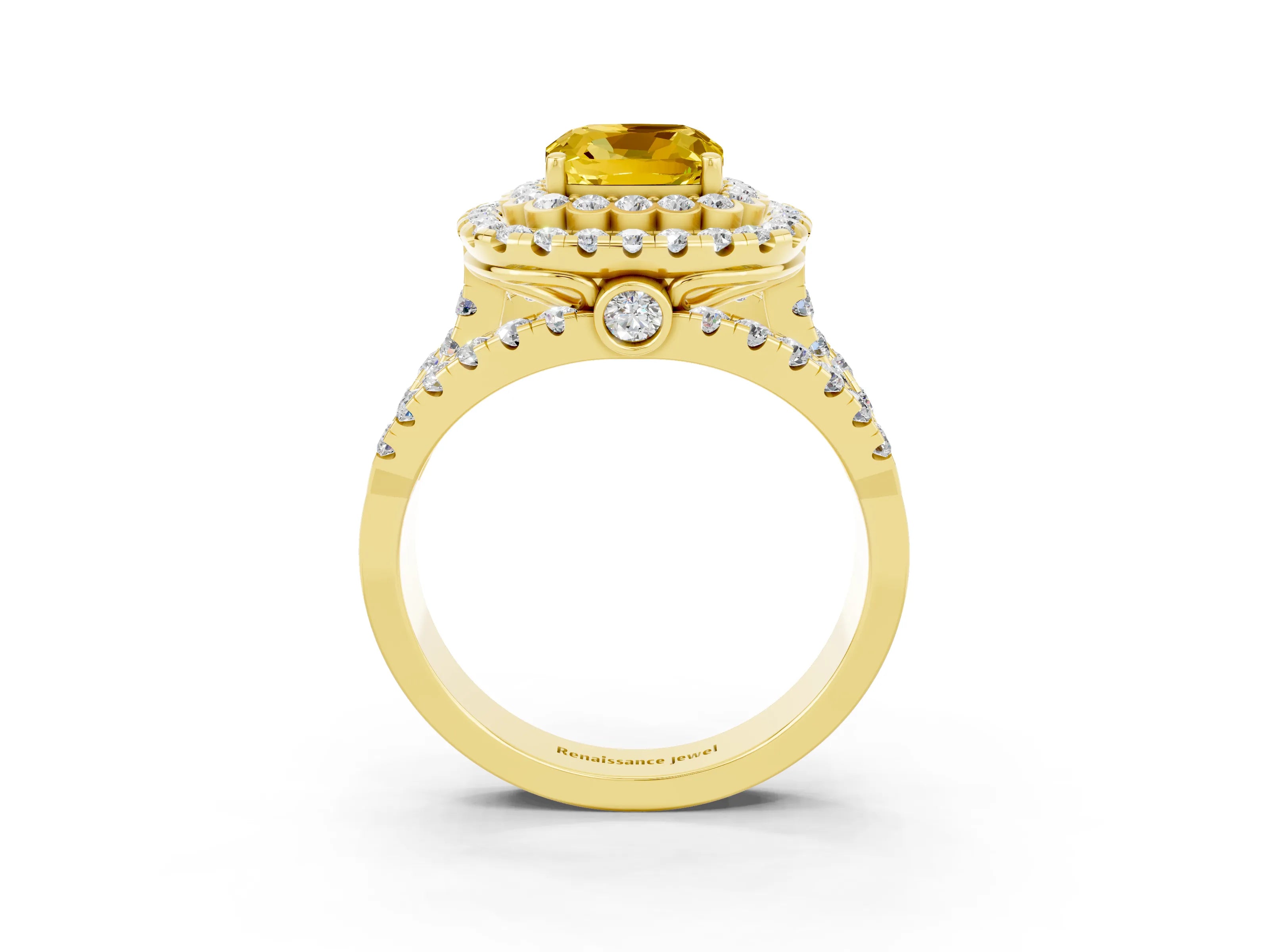 Yellow gold Double Halo Cushion Cut Diamond Split Shank Pave Set Ring_3