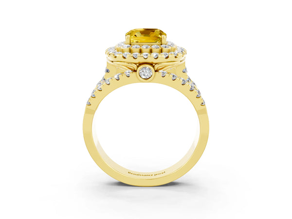 Yellow gold Cushion Cut Yellow Sapphire Double Halo Ring with Round Pavé Split Shank and Prong Setting