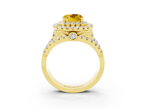 Yellow gold Double Halo Cushion Cut Diamond Split Shank Pave Set Ring_3