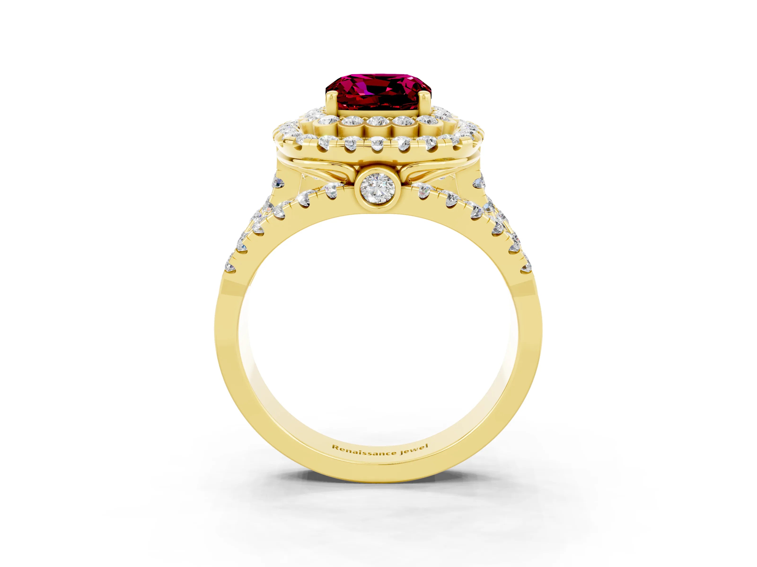 Yellow gold Double Halo Cushion Cut Diamond Split Shank Pave Set Ring_3