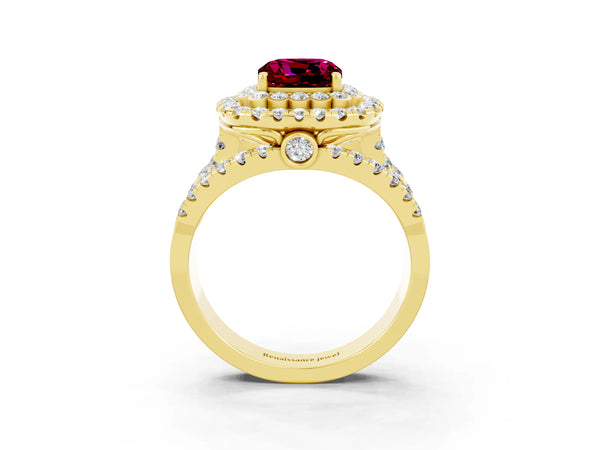 Yellow gold Cushion Cut Garnet Double Halo Ring with Round Pavé Split Shank and Prong Setting